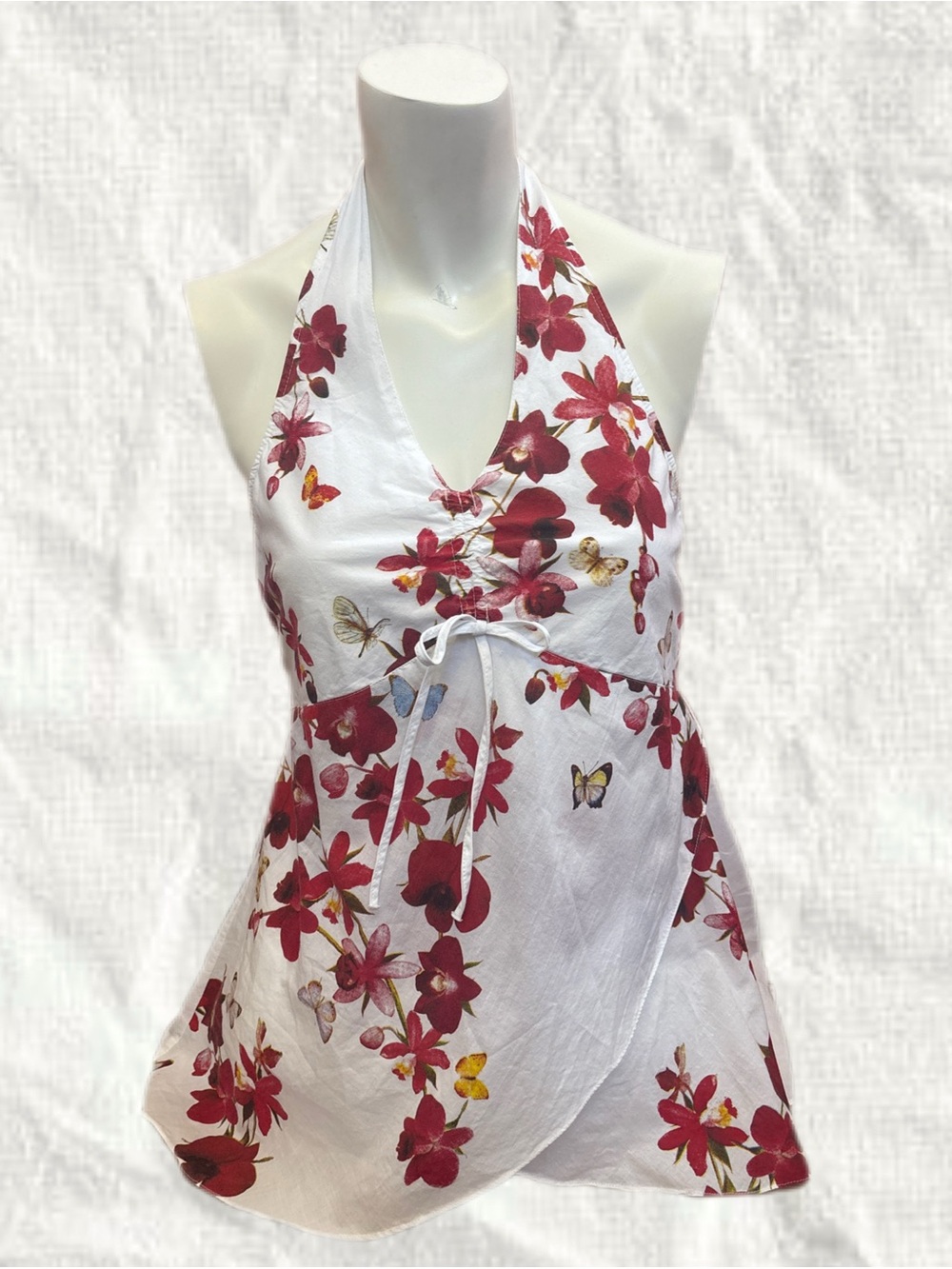 White Halter Tie-Front Top with Red Floral Print